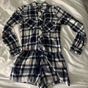 Navy and white plaid flannel romper